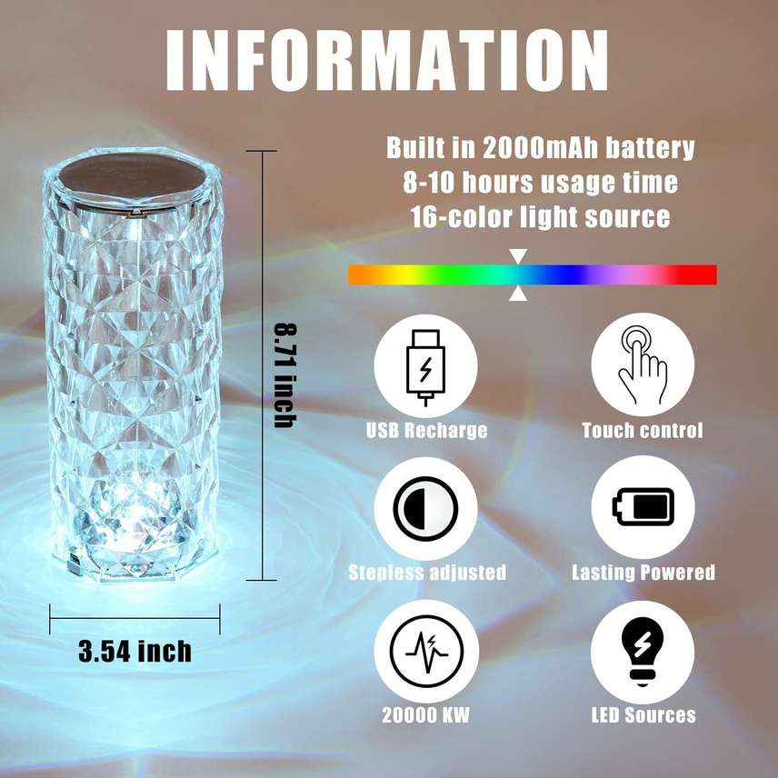 Crystal Rose Diamond 16 Color RGB Changing Mode LED Night Lights Table Lamp Table Lamp