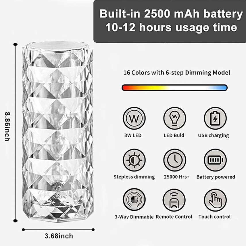 Crystal Rose Diamond 16 Color RGB Changing Mode LED Night Lights Table Lamp Table Lamp